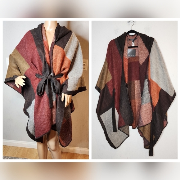 NWT Marc New York Poncho Blanket belted wrap.  One Size. Faux wool. Vegan. Brown - Picture 1 of 14